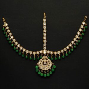 Gold-Plated Kundan Maang Tikka with Green Beads – Traditional Indian Bridal Jewellery